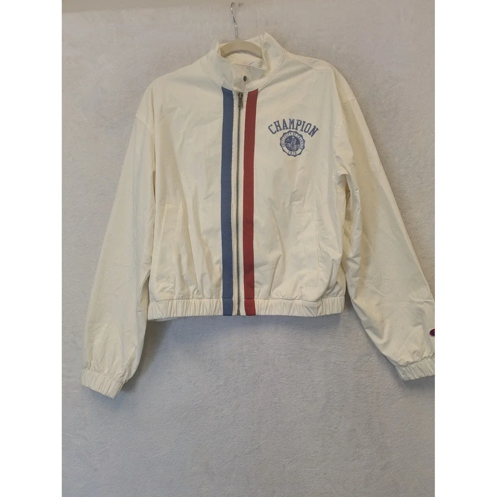 Champion Women Cream Athletic Jacket University‎ Logo Full Zip Size S